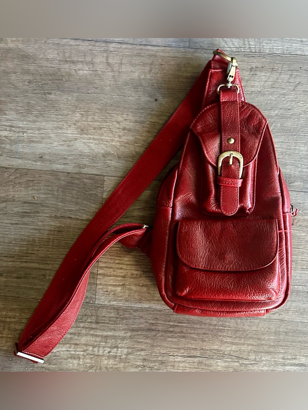 Women's Red Leather Crossbody Sling Bag with Buckle Detail